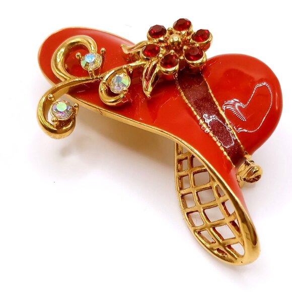 Vintage Avon Brooch Gold Tone Red Enamel Hat Rhinestone Flower Accents Lapel Pin - Picture 2 of 12